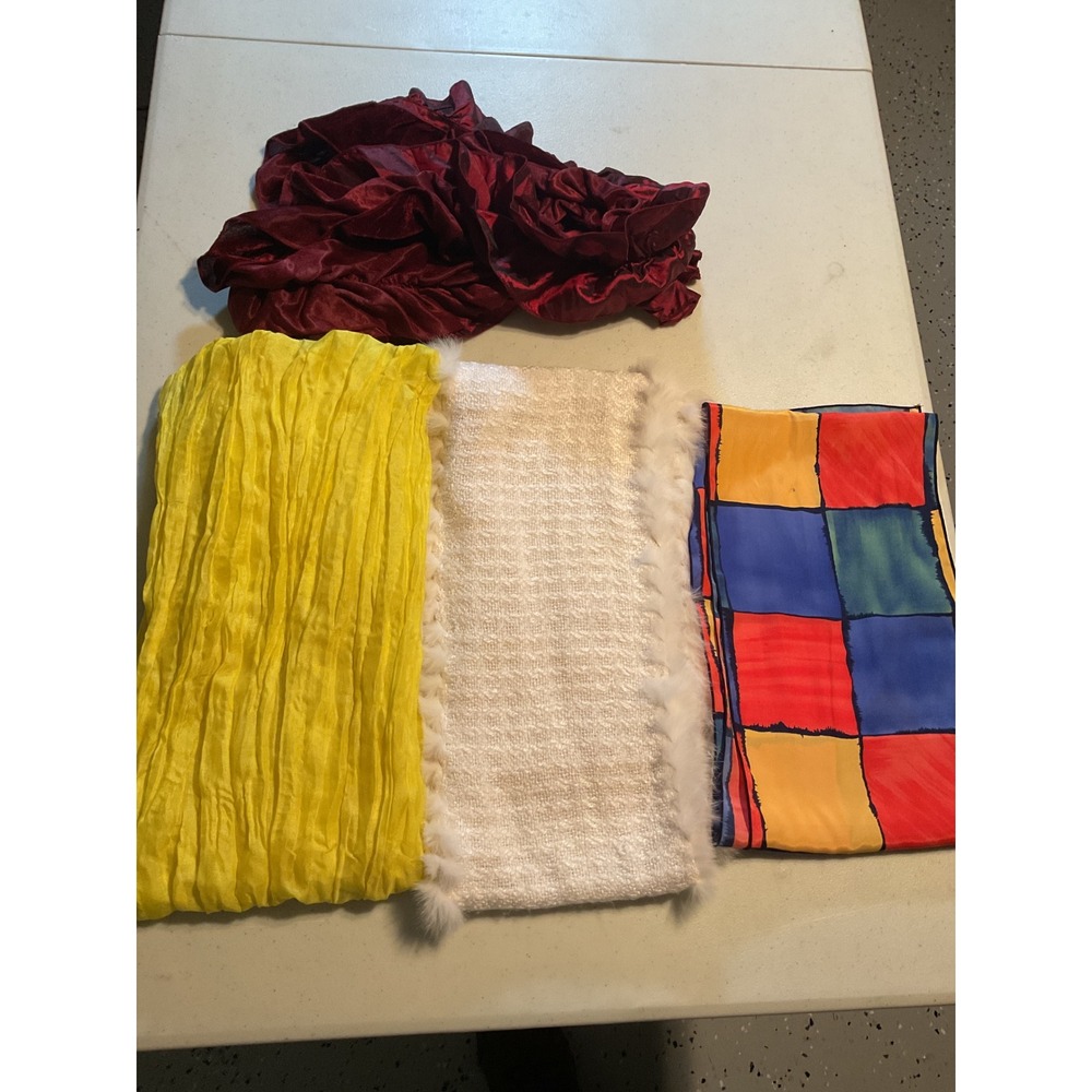 Lot of 4 Womens Scarves Krazy Kat‎ Burgundy Ruffle Yellow Fur Trim Silk Mix